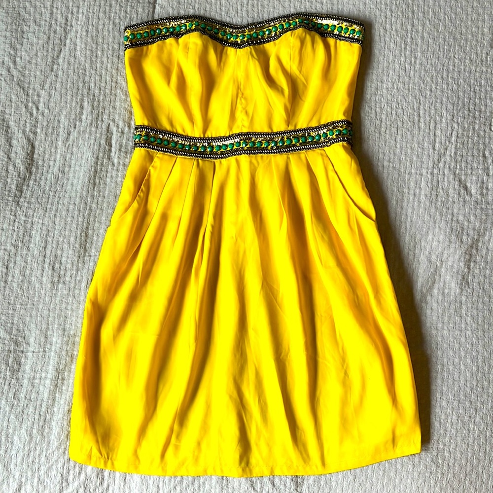 Greylin Womens Strapless Beaded Yellow Dress Sz M